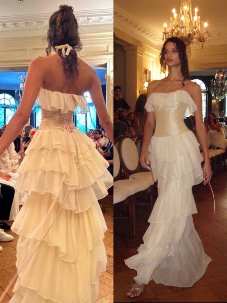 Vintage Ivory Strapless Chiffon Tiered Sheath Gorgeous Evening Dress    S6718