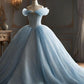 Modest Ball Gown Off The Shoulder Tulle Long Light Sky Blue Sweet 16 Dress      S6733