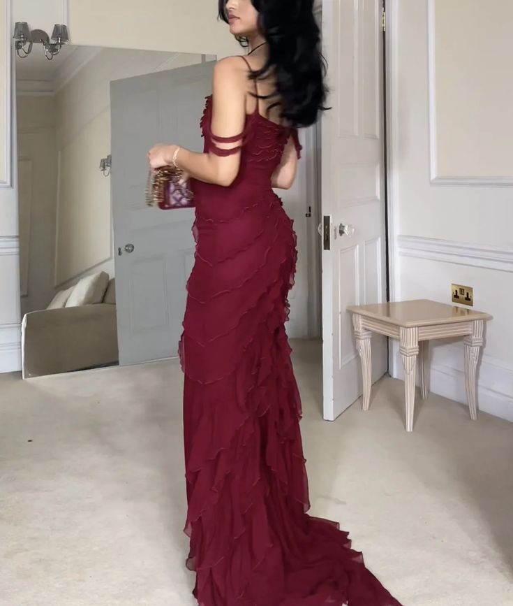 Wine Red Off Shoulder Straps Multi-layered Ruffles Long Prom Dress     S6786