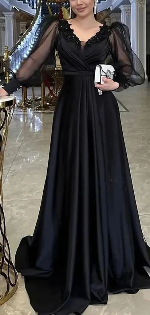 Elegant Long Sleeves V-neck Black Tulle A-line Evening Prom Dress      S6757