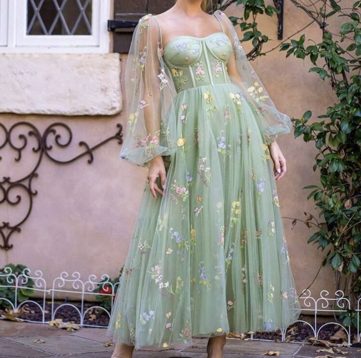 Green Embroidered Lace Prom Dress, Long Green Prom Dress        S6707