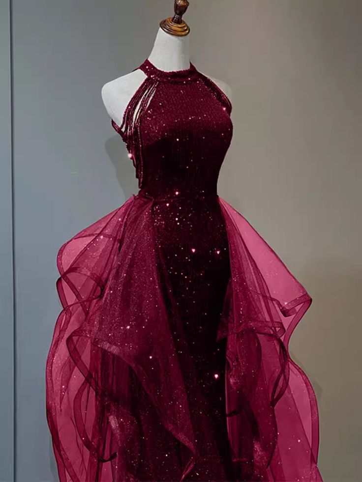 Sparkly Sheath Burgundy Sequin Long Prom Dress Party Dresses       S6754