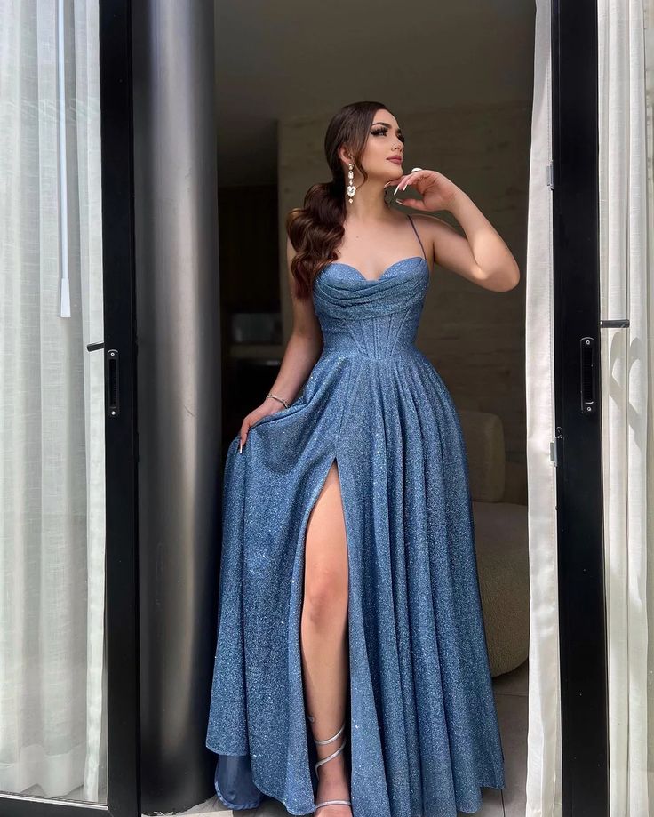 Sweetheart Neck Blue Long Prom Dress with High Slit, Long Blue Formal Graduation Evening Dress       S6726