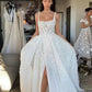 A Line Straps Long Wedding Dress with Lace Appliques, Gorgeous Bridal Gown with Slit       S6738