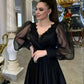 Elegant Long Sleeves V-neck Black Tulle A-line Evening Prom Dress      S6757