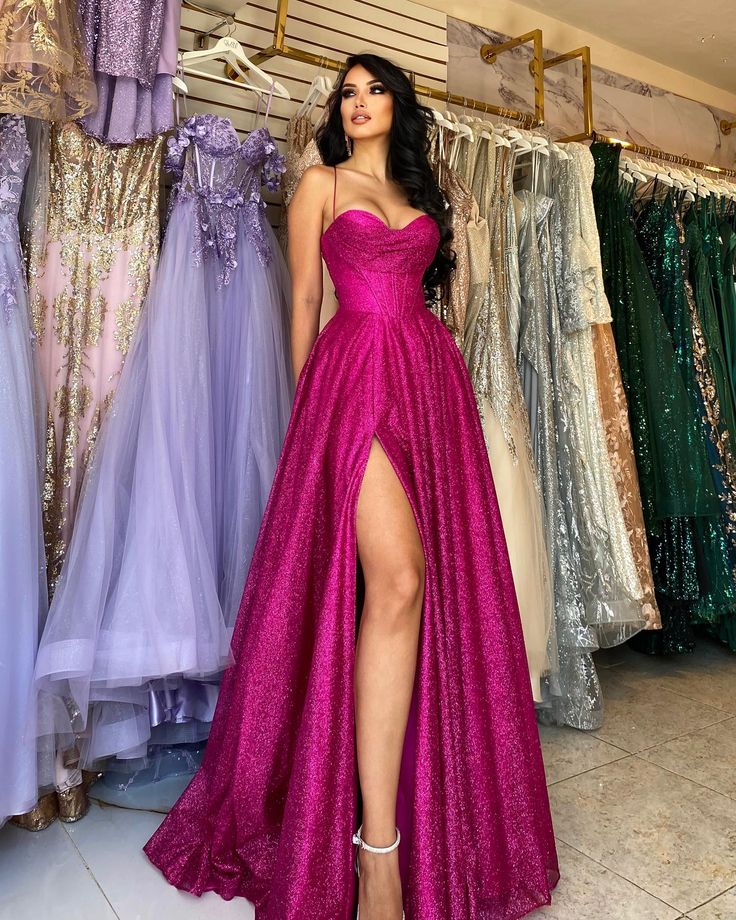 Hot Pink Spaghetti Straps Evening Dresses Sparkly Dresses Evening Gown       S6735