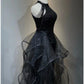 Black Halter Sequins and Tulle Long Party Dress, A-line Black Prom Dress      S6753