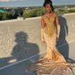 Gold Beaded Formal Dresses for Black Girl, Mermaid Long Prom Dress Evening Gown      S6767