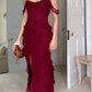 Wine Red Off Shoulder Straps Multi-layered Ruffles Long Prom Dress     S6786