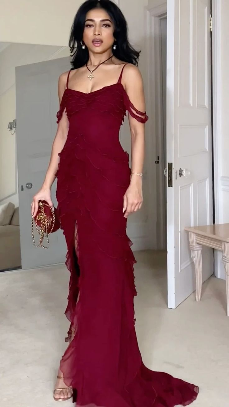 Wine Red Off Shoulder Straps Multi-layered Ruffles Long Prom Dress     S6786