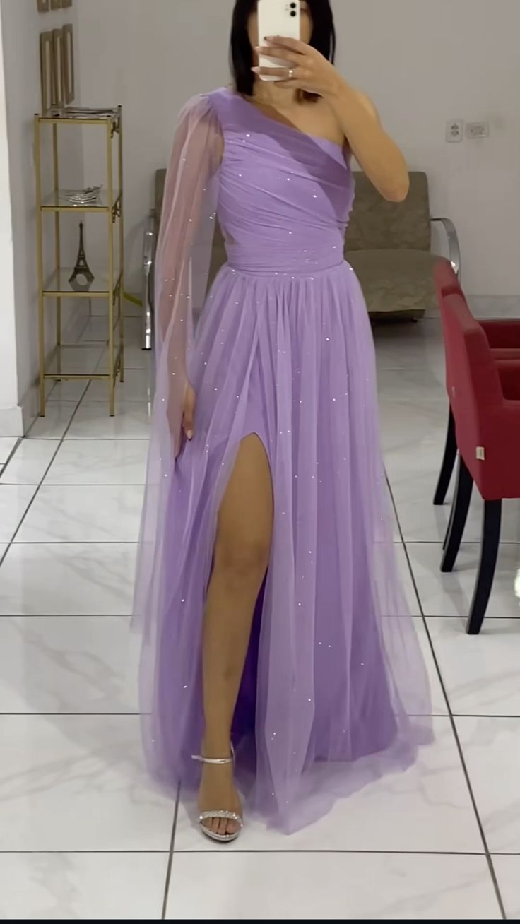 One Shoulder Lilac Long Party Dress Evening Gown With Slit       S6731