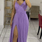V Neck A Line Straps Lilac Long Party Dress Evening Gown With Slit       S6732
