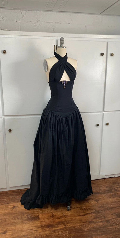 A line Black Halter Evening Dress Long Prom Dress      S6756