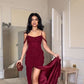 Wine Red Off Shoulder Straps Multi-layered Ruffles Long Prom Dress     S6786