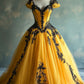 A Line Yellow Tulle Lace V Neck Party Prom Dresses Long Evening Dress       S6611