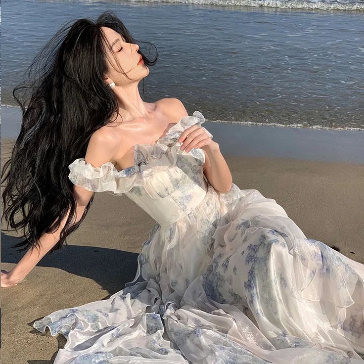 Fashion Ruffled Print Chiffon Long Dresses       S6642