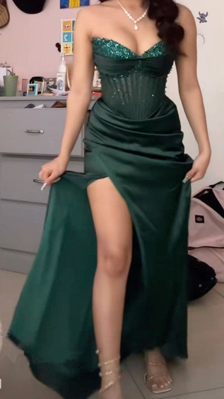 Dark Green Strapless Party Prom Dresses Long Evening Dress       S6616