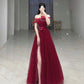 A-Line Off Shoulder Burgundy Tulle Elegant Long Party Dress Evening Dress        S6636