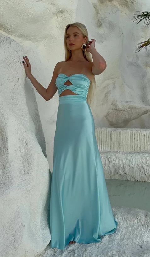 Light Blue Lovely Satin Long Party Dress Evening Gowns      S6633