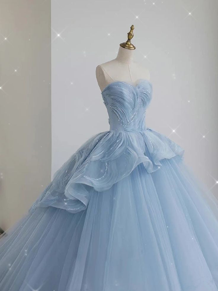 A line Blue Tulle Ball Gown Long Prom Dresses Evening Dress     S6651