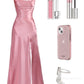 Simple Pink Spaghetti Straps Long Prom Dress with Split     S6646