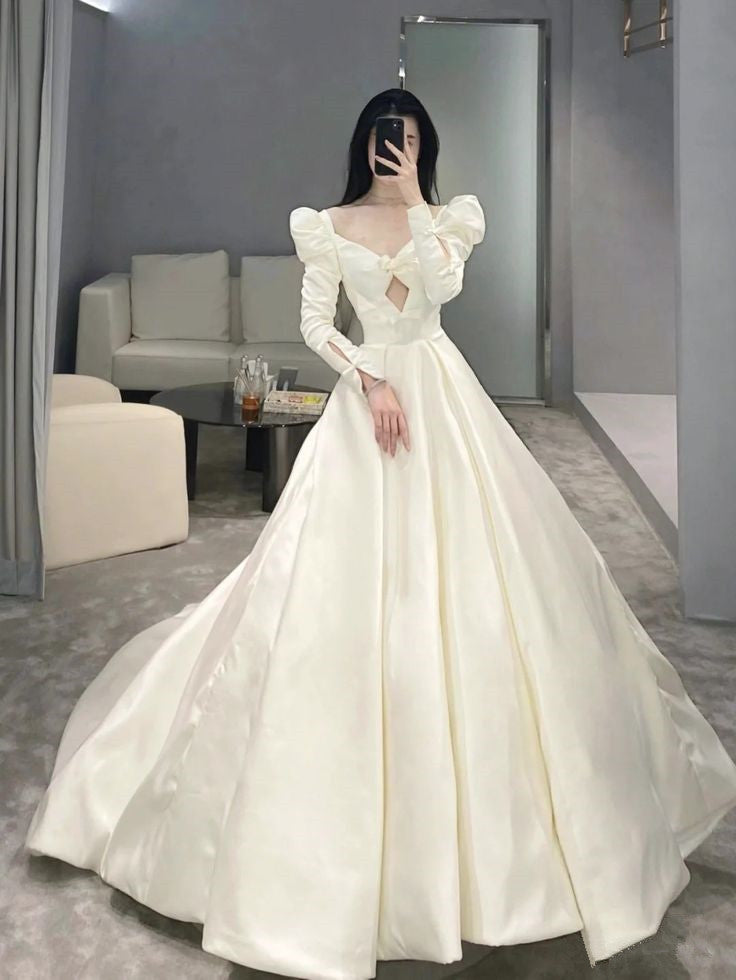 A Line Long Sleeves Satin Wedding Dresses Long Bridal Gowns    S6655