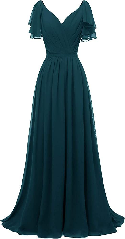 Ruffle Sleeves Bridesmaid Dress V-neck Chiffon Long Formal Wedding Evening Gowns     S2902