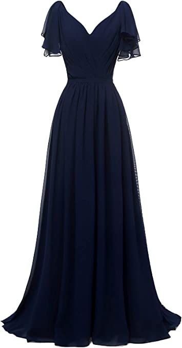 Ruffle Sleeves Bridesmaid Dress V-neck Chiffon Long Formal Wedding Evening Gowns     S2902