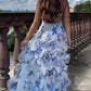 Spaghetti Straps Floral Ruffle V-neck Long Prom Dresses        S6700