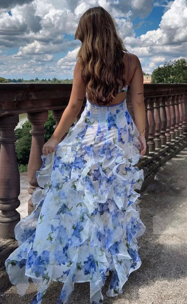 Spaghetti Straps Floral Ruffle V-neck Long Prom Dresses        S6700