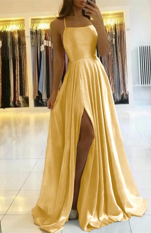 Spaghetti-Straps Prom Dress with Slit       S6725