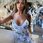 Spaghetti Straps Floral Ruffle V-neck Long Prom Dresses        S6700