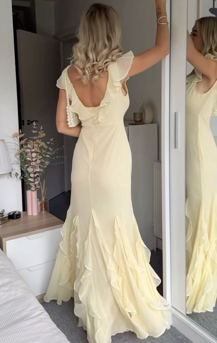 Light Yellow Long Party Dress Chiffon Evening Gown       S6734