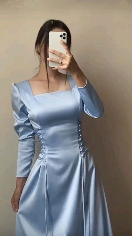 Satin Blue Long Evening Dress Party Dress Prom Dress        S6685