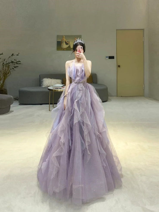 Lilac Tulle A-Line Elegant Long Party Dress Evening Dress        S6632