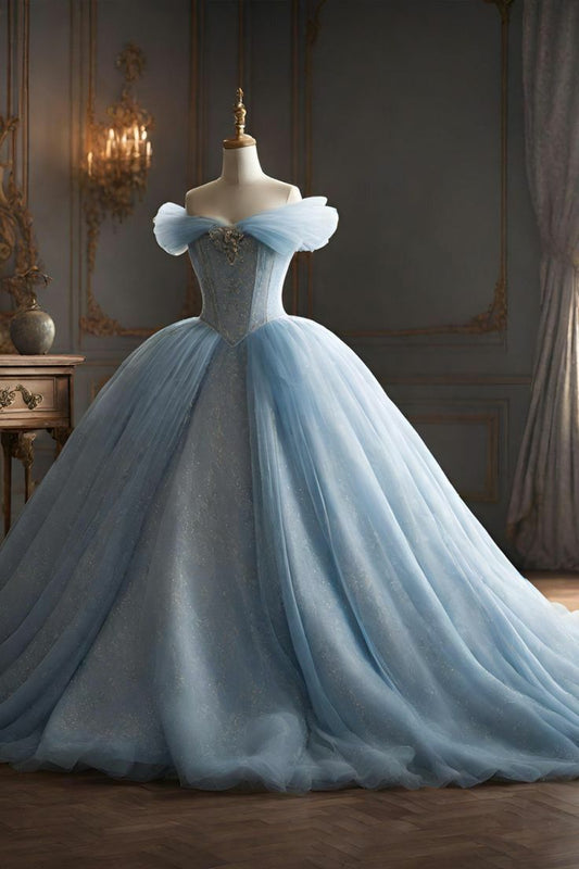 Modest Ball Gown Off The Shoulder Tulle Long Light Sky Blue Sweet 16 Dress      S6733