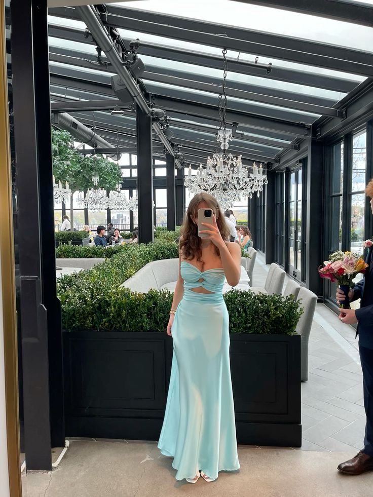 Light Blue Lovely Satin Long Party Dress Evening Gowns      S6633