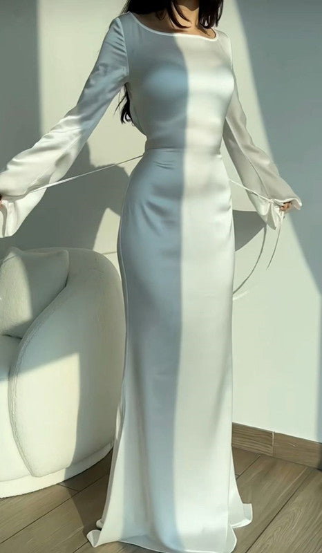 Elegant Round Neck Mermaid Dress Lace Up Flare Sleeve Long Dress for Women        S6690