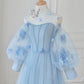 Tulle Flowers Long Prom Dress, Lovely A-Line Puff Sleeve Evening Dress      S6663