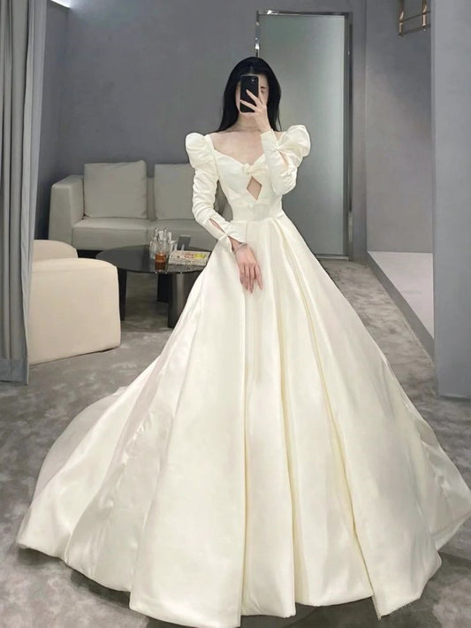 A Line Long Sleeves Satin Wedding Dresses Long Bridal Gowns    S6655