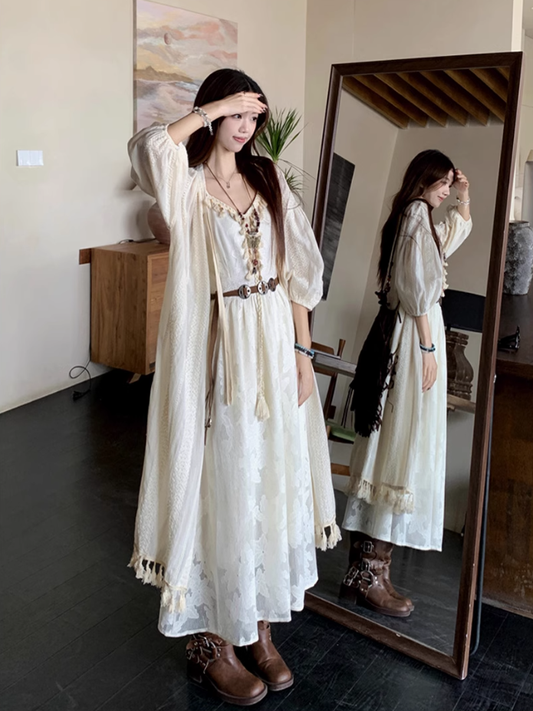 Fairy travel outfit V-neck suspender embroidered long skirt tassel sunscreen cardigan two-piece suit R1728