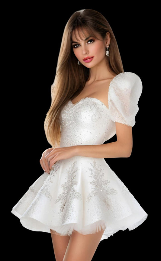 White puff sleeves waist elegant slim short skirt homecoming dress R3796