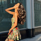 Green floral series tube top waist pleated skirt homecoming dress R3762