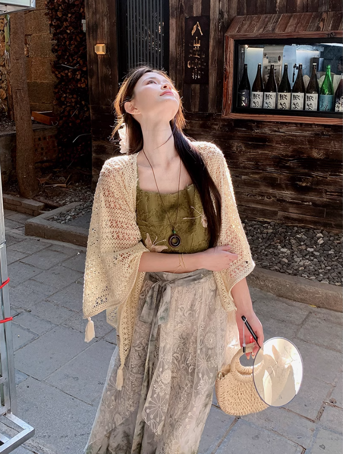 Fairy new Chinese suit butterfly embroidery sling ink dyeing skirt sweater a complete set R1747