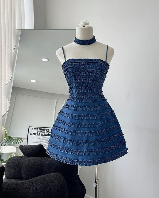 Blue halter waist A-line short skirt homecoming dress R3397