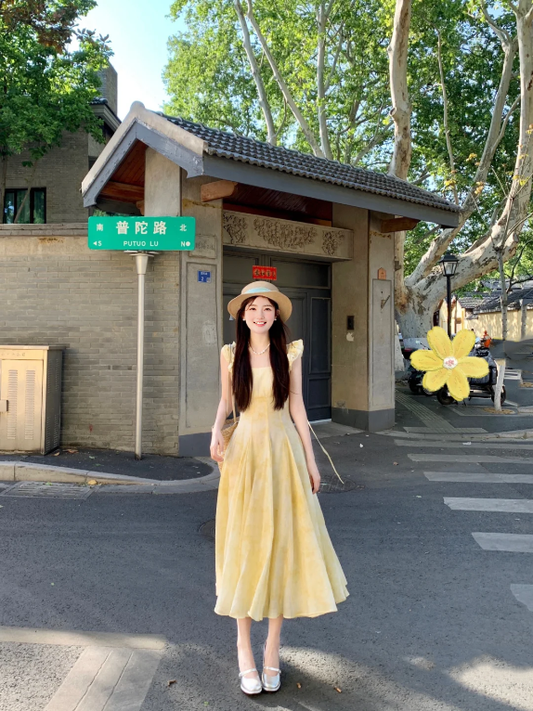 Summer skirt beautiful waist A-line long skirt yellow gradient floral dress R0837