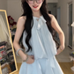 Blue halter dress gentle temperament waist a-line short skirt summer skirt R0836