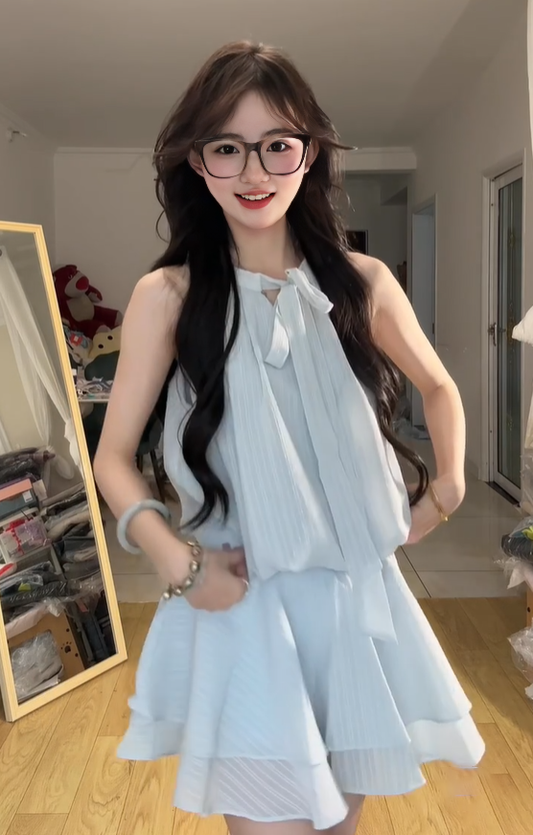 Blue halter dress gentle temperament waist a-line short skirt summer skirt R0836