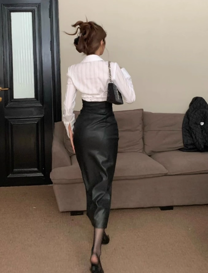 Pure desire sweet and spicy style white long-sleeved shirt 2025 plus size hot girl slit long skirt R1072