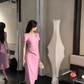 French elegant pink square neck dress for women with slim waist and elegant long skirt R4258